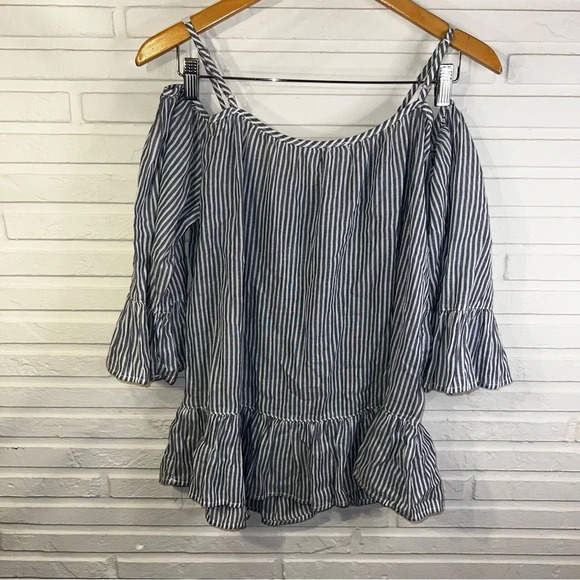 Beachlunchlounge Gray White Striped Cotton Cold Shoulder Top, Women’s Size Small - Picture 7 of 7